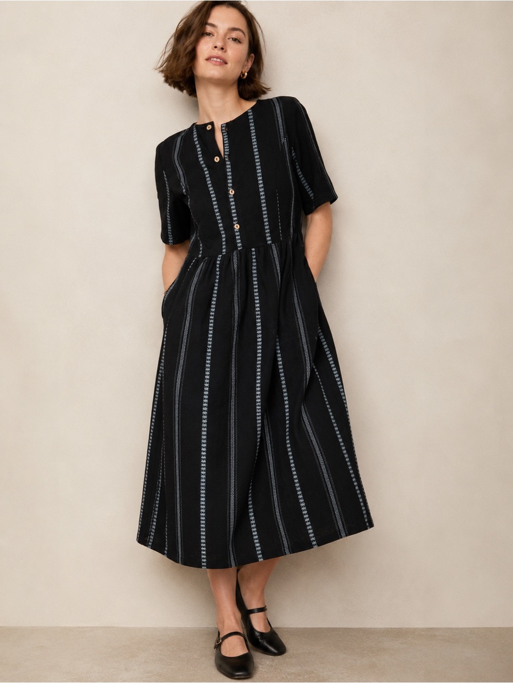 Stevie Hender Black Linen Blend Midi Dress Size Large
